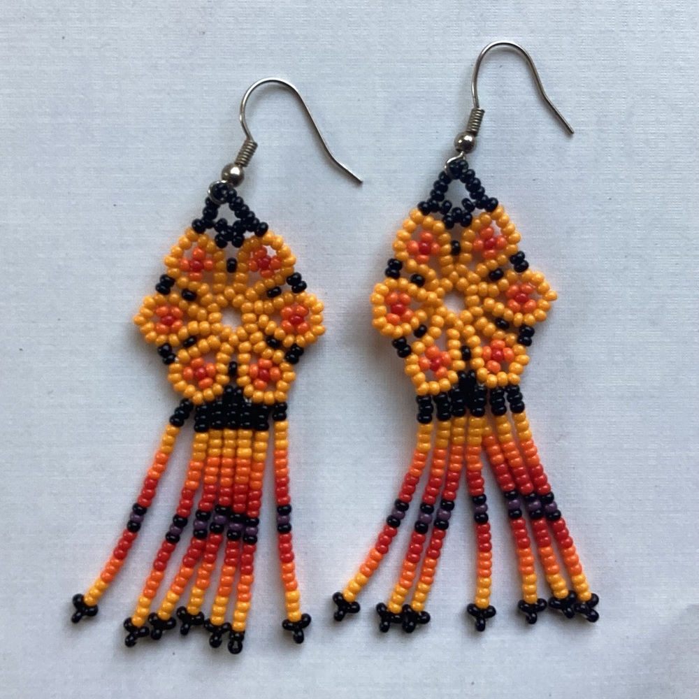 New Import Huichol of Mexico Bead Flower Dangle Earrings Boho Hippie Tribal Art